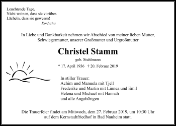 Traueranzeige von Christel Stamm von Wetterauer Zeitung, Wetterauer Zeitung