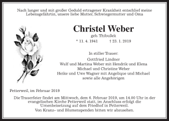 Traueranzeige von Christel Weber von Wetterauer Zeitung, Wetterauer Zeitung