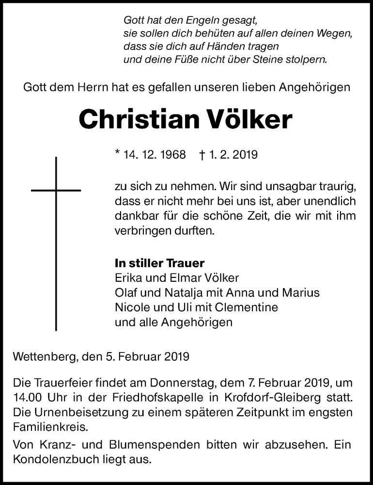  Traueranzeige für Christian Völker vom 05.02.2019 aus Giessener Allgemeine, Alsfelder Allgemeine