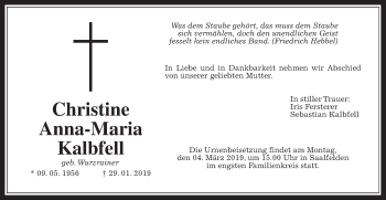 Traueranzeige von Christine Anna-Maria Kalbfell von Alsfelder Allgemeine