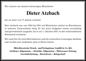Traueranzeige von Dieter Atzbach von Giessener Allgemeine, Alsfelder Allgemeine
