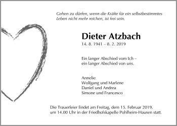 Traueranzeige von Dieter Atzbach von Giessener Allgemeine, Alsfelder Allgemeine