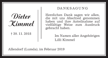 Traueranzeige von Dieter Kimmel von Allendorfer Mitteilungen