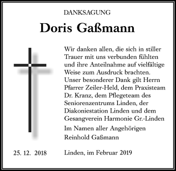 Traueranzeige von Doris Gaßmann von Giessener Allgemeine, Alsfelder Allgemeine