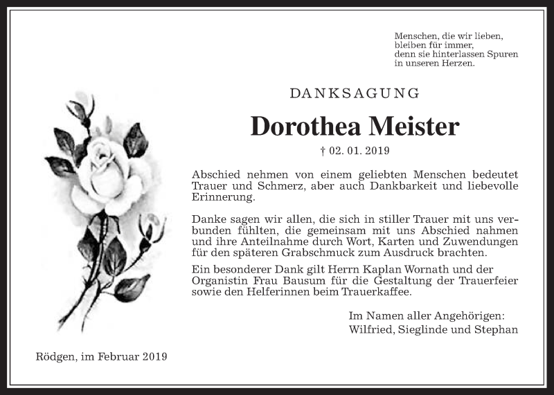  Traueranzeige für Dorothea Meister vom 09.02.2019 aus Wetterauer Zeitung, Wetterauer Zeitung