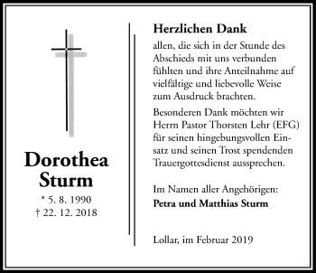 Traueranzeige von Dorothea Sturm von Giessener Allgemeine, Alsfelder Allgemeine