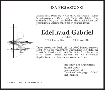 Traueranzeige von Edeltraud Gabriel von Wetterauer Zeitung, Giessener Allgemeine, Alsfelder Allgemeine, Wetterauer Zeitung