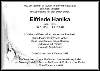 Traueranzeige von Elfriede Hanika von Alsfelder Allgemeine