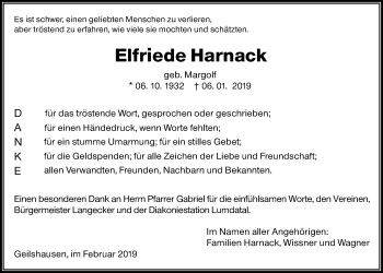 Traueranzeige von Elfriede Harnack von Giessener Allgemeine, Alsfelder Allgemeine
