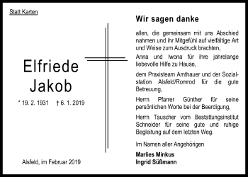 Traueranzeige von Elfriede Jakob von Alsfelder Allgemeine