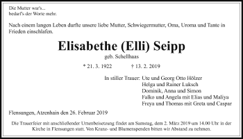 Traueranzeige von Elisabethe Seipp von Giessener Allgemeine, Alsfelder Allgemeine