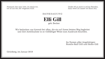 Traueranzeige von Elli Gill von Giessener Allgemeine, Alsfelder Allgemeine