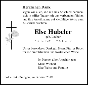 Traueranzeige von Else Hubeler von Pohlheimer Nachrichten