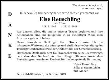 Traueranzeige von Else Reuschling von Giessener Allgemeine, Alsfelder Allgemeine