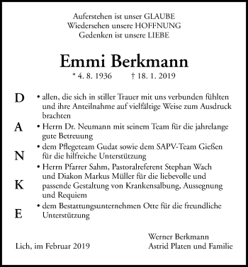 Traueranzeige von Emmi Berkmann von Giessener Allgemeine, Alsfelder Allgemeine