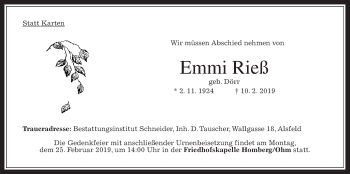 Traueranzeige von Emmi Rieß von Alsfelder Allgemeine