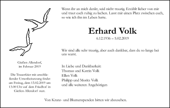 Traueranzeige von Erhard Volk von Giessener Allgemeine, Alsfelder Allgemeine