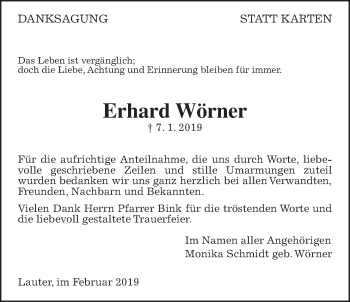 Traueranzeige von Erhard Wörner von Laubacher Anzeiger