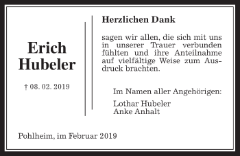 Traueranzeige von Erich Hubeler von Pohlheimer Nachrichten