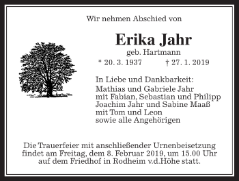 Traueranzeige von Erika Jahr von Wetterauer Zeitung, Wetterauer Zeitung