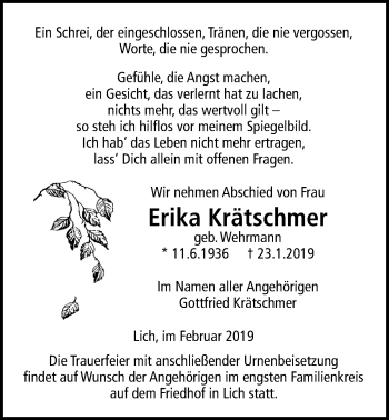 Traueranzeige von Erika Krätschmer von Licher Wochenblatt, Licher Wochenblatt, Licher Wochenblatt