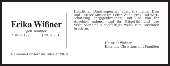 Traueranzeige von Erika Wißner von Rabenauer Zeitung