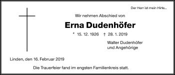 Traueranzeige von Erna Dudenhöfer von Giessener Allgemeine, Alsfelder Allgemeine