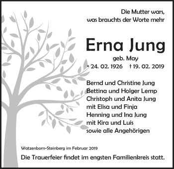 Traueranzeige von Erna Jung von Pohlheimer Nachrichten