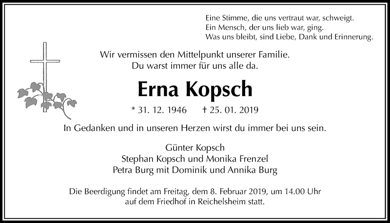  Traueranzeige für Erna Kopsch vom 02.02.2019 aus Wetterauer Zeitung, Wetterauer Zeitung