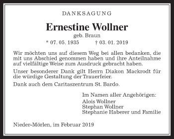 Traueranzeige von Ernestine Wollner von Wetterauer Zeitung, Wetterauer Zeitung
