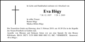 Traueranzeige von Eva Högy von Giessener Allgemeine, Alsfelder Allgemeine