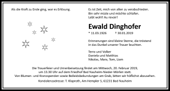 Traueranzeige von Ewald Dinghofer von Wetterauer Zeitung, Wetterauer Zeitung