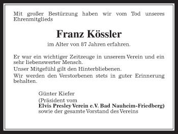 Traueranzeige von Franz Kössler von Wetterauer Zeitung, Wetterauer Zeitung
