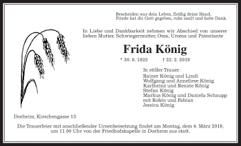 Traueranzeige von Frida König von Wetterauer Zeitung, Wetterauer Zeitung