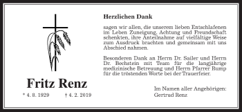 Traueranzeige von Fritz Renz von Wetterauer Zeitung, Wetterauer Zeitung