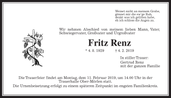 Traueranzeige von Fritz Renz von Wetterauer Zeitung, Wetterauer Zeitung