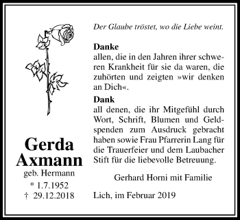 Traueranzeige von Gerda Axmann von Licher Wochenblatt, Licher Wochenblatt, Licher Wochenblatt