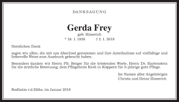 Traueranzeige von Gerda Frey von Wetterauer Zeitung, Wetterauer Zeitung