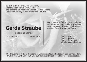 Traueranzeige von Gerda Straube von Wetterauer Zeitung, Wetterauer Zeitung