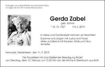Traueranzeige von Gerda Zabel von Giessener Allgemeine, Alsfelder Allgemeine