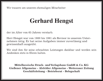 Traueranzeige von Gerhard Hengst von Giessener Allgemeine, Alsfelder Allgemeine