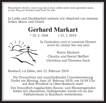 Traueranzeige von Gerhard Markart von Wetterauer Zeitung, Wetterauer Zeitung