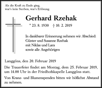 Traueranzeige von Gerhard Rzehak von Giessener Allgemeine, Alsfelder Allgemeine