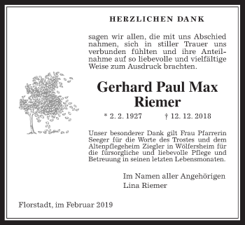 Traueranzeige von Gerhard Paul Max Riemer von Wetterauer Zeitung, Wetterauer Zeitung
