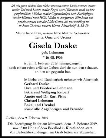 Traueranzeige von Gisela Duske von Giessener Allgemeine, Alsfelder Allgemeine