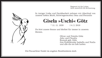 Traueranzeige von Gisela Götz von Wetterauer Zeitung, Wetterauer Zeitung