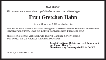 Traueranzeige von Gretchen Hahn von Alsfelder Allgemeine