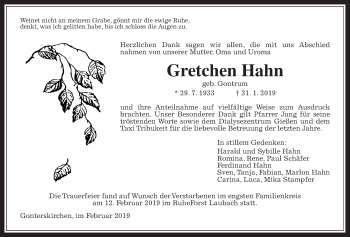 Traueranzeige von Gretchen Hahn von Laubacher Anzeiger
