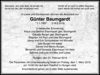 Traueranzeige von Günter Baumgardt von Licher Wochenblatt, Licher Wochenblatt, Licher Wochenblatt