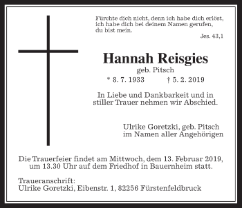 Traueranzeige von Hannah Reisgies von Wetterauer Zeitung, Wetterauer Zeitung